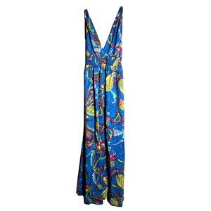 NWT Maxi royal blue dress with details in yellow, pink, green, white, and black.